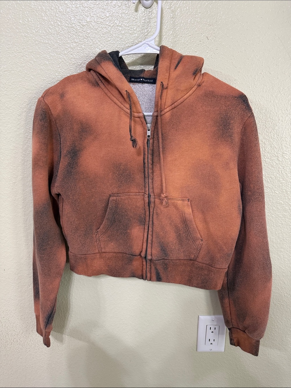 Brandy Melville Rust Orange and Black Tie-Dye Cropped Zip Hoodie
